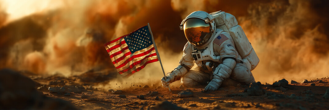 Astronaut with US Flag on Mars. Flag of United States with Astronaut on Mars Sand Storm in Desert of Mars American Flag in a Mars Exploration Mission in Solar System in a Space Mission