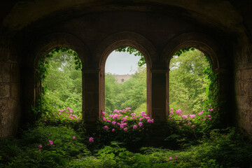 Fototapeta premium A window with three arches and a view of a garden