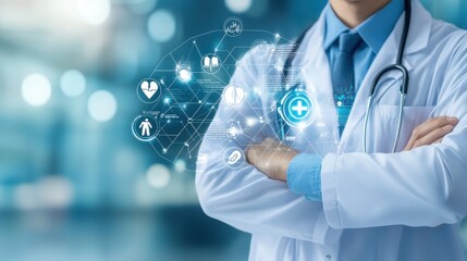 Medical progress concept, medical pictograms, doctor in blurred background, stock photo with copy space. 