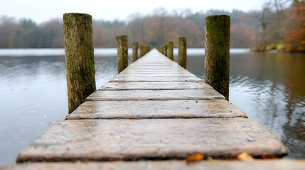 Fototapeta premium Misty lake wooden pier autumn landscape