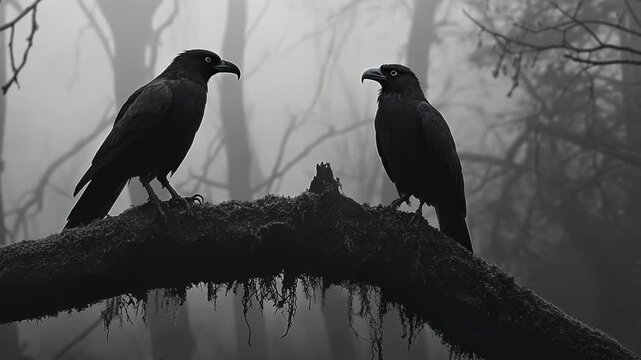Two crows perched on a moss-covered branch in a foggy forest during early morning light