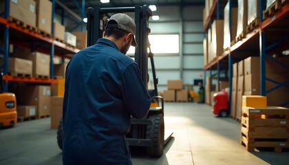 back view of a Mechanic repairing forklift in warehouse, created with generative ai