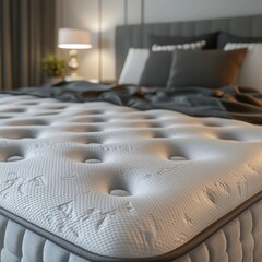 Fototapeta premium Promoting image of a comfortable mattress with detailed texture in a cozy bedroom setting.