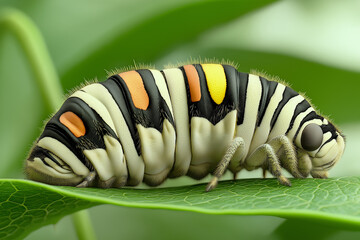 Naklejka premium Vibrant Striped Caterpillar on Lush Green Leaf