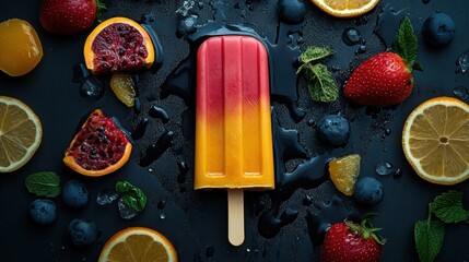 A vibrant popsicle surrounded by fresh fruits, including strawberries, lemons, and blueberries, set against a dark backdrop.