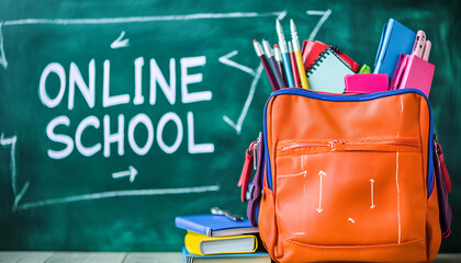 School supplies and online school text on green chalkboard