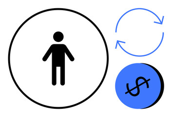 Black human figure inside large circle, two blue circular arrows indicating recycling, blue circle with dollar sign. Ideal for sustainability, economy, human resources, finance, recycling, conceptual