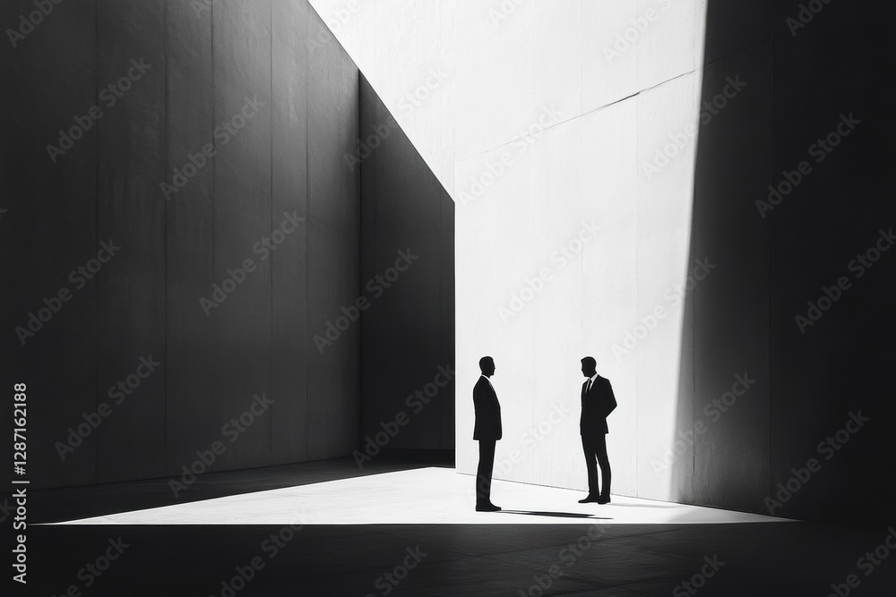 Aufkleber two businessmen engage in conversation within a modern, shadowy architectural space during daylight.