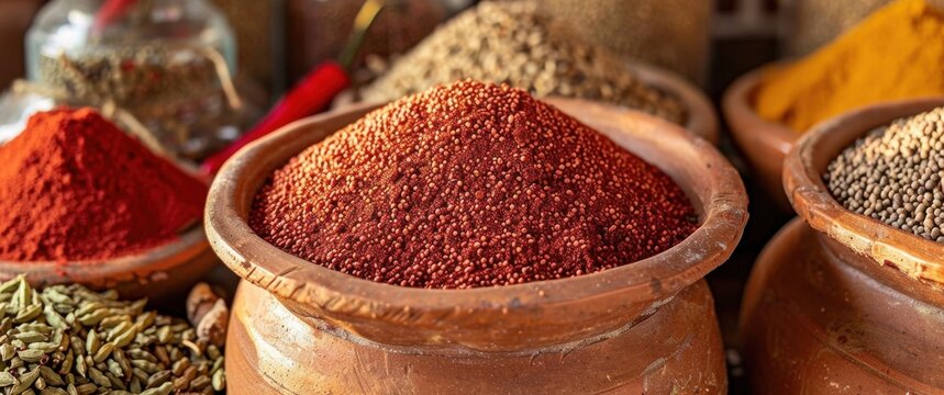 Rustic clay bowls brimming with cumin seeds and paprika, a spice stall with exotic, vibrant aromas and detailed, distorted shapes.