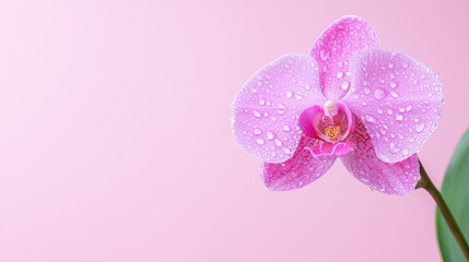 Fototapeta premium Pink orchid flower, water drops, pink background, spa concept