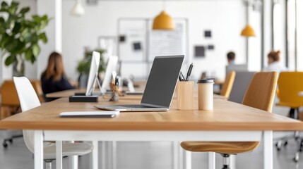 Creative workspace modern motivational, Modern Office Workspace Laptop on Light Wood Desk, Coworkers Blurred