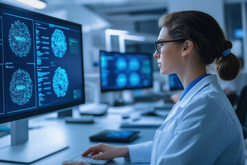Research scientist analyzing complex data on multiple computer screens in a lab setting