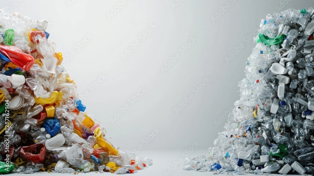 Poster Pile of plastic waste contrasts with neatly organized recycled plastic products in a stark visual representation of recycling efforts. Generative AI