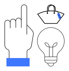 Hand pointing upward, shopping bag with price tag, and light bulb symbolizing idea. Ideal for retail innovation, e-commerce, online shopping, creative solutions, marketing strategies, customer