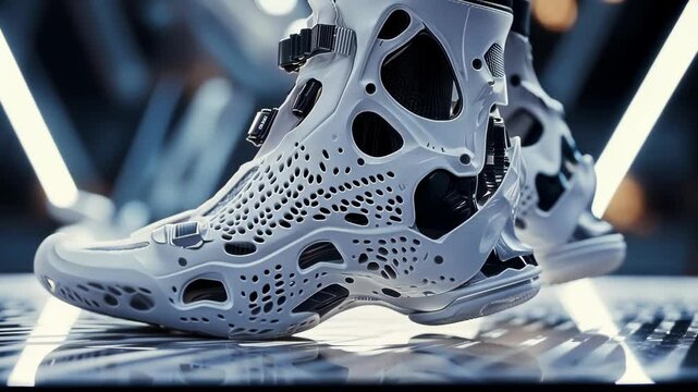 Futuristic white shoe with bio organic design elements walking on a metal surface, showcasing advanced material and innovative footwear technology