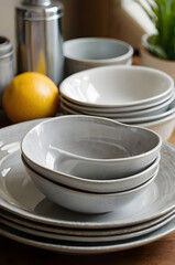 Fototapeta premium Ceramic Tableware Still Life: An inviting array of ceramic tableware, featuring plates and bowls in shades of gray, paired with a vibrant yellow lemon.