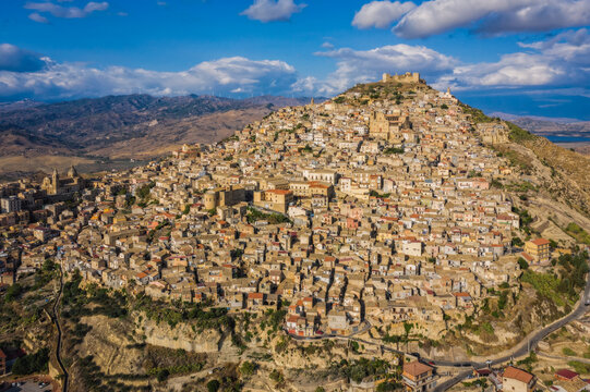 Aerial panoramic view of Agira city in Sicily. August 2024. Long exposure picture.