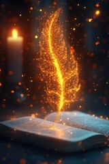Glowing quill writing in open magical book	
