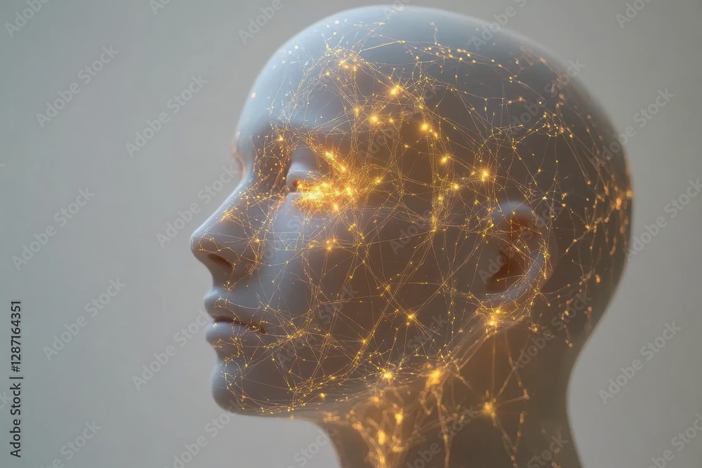 Aufkleber Profile view of a human head showcasing intricate neural connections and glowing synapses symbolizing artificial intelligence. Generative AI
