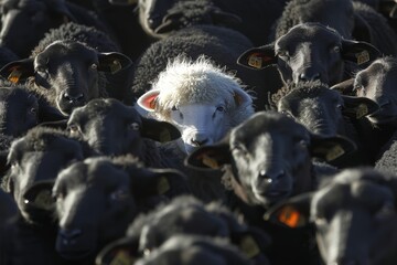Obraz premium In a flock of black sheep one white sheep captures attention with its distinct coloration. This striking contrast highlights the unique presence among the others.