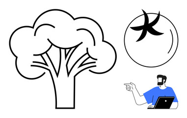 Man using laptop points at abstract broccoli illustration next to circular design. Ideal for healthy living, digital art, education, creativity, technology, abstract thinking, wellness. Abstract line