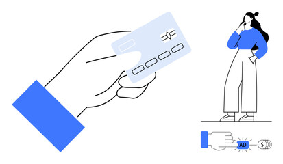 Hand holding credit card, woman contemplating in background, finger pressing online ad button. Ideal for financial decisions, consumer behavior, online shopping, marketing strategies, digital