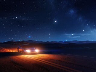 Fototapeta premium Xenon headlights cut through the night on a desert road, under a starry sky hyper-realistic rendering chaotic elements.