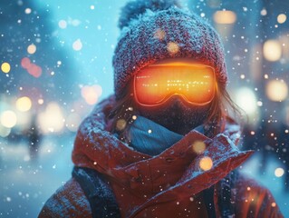 Bundling up in winter clothing with glowing AR weather tracker, vibrant outdoor winter scene, soft natural lighting, photorealistic