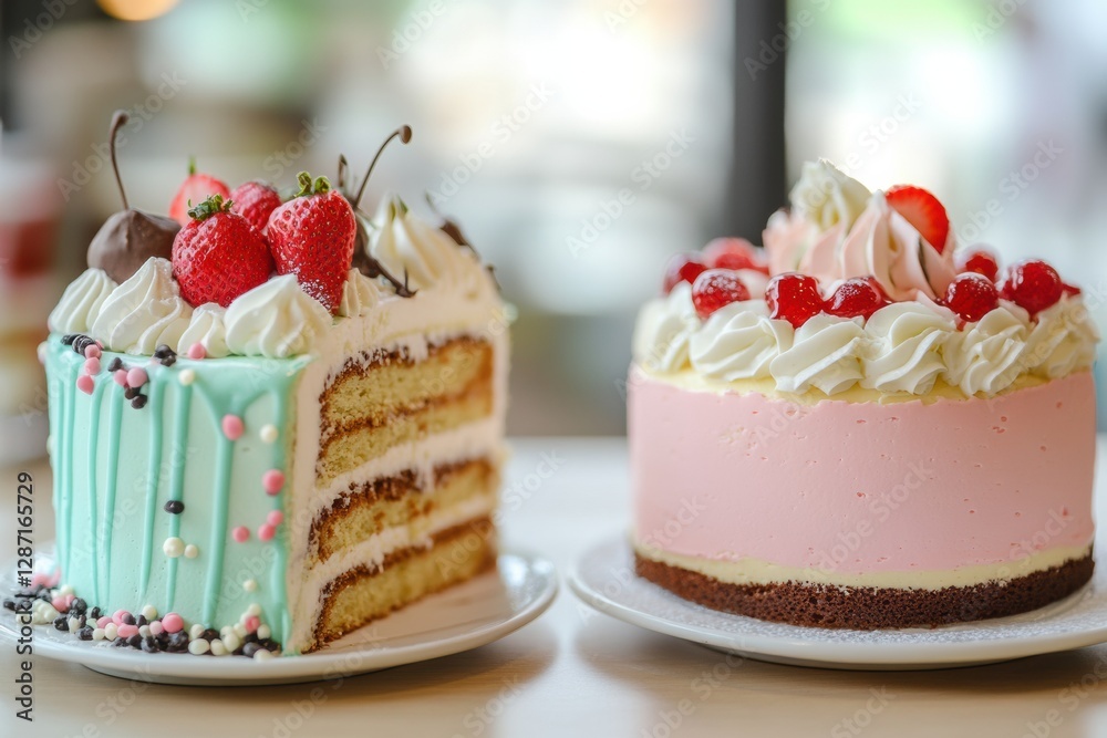 Aufkleber Colorful cakes with icing and toppings displayed on a table in a bakery during a sunny afternoon. Generative AI