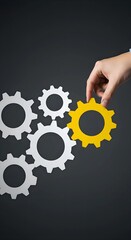 Person aligning a yellow gear with white gears, symbolizing strategy, teamwork and the importance of precision in business process management.