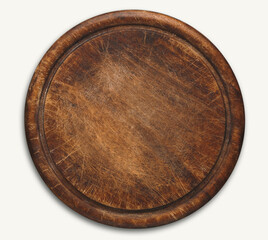 Old round wooden cutting board isolated on white background. Closeup of textured rustic platter for cutting pizza, bread or meals serving, top view