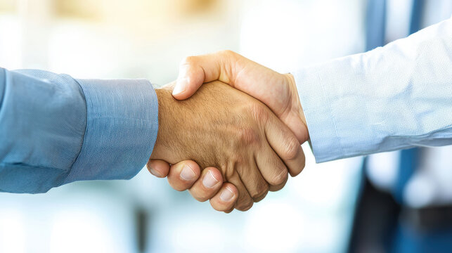 Close up of two business leaders shaking hands, signifying agreement and partnership
