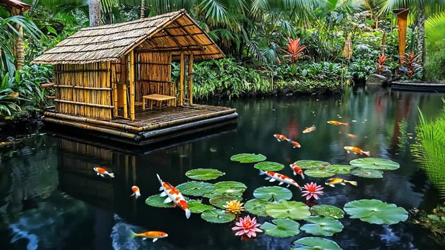 A serene scene featuring a bamboo hut on a pond, surrounded by lush green foliage, koi and lilies.