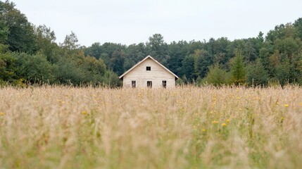 Obraz premium Isolated house in a golden field. Rural landscape. Possible use Stock photo for nature, real estate, or travel websites