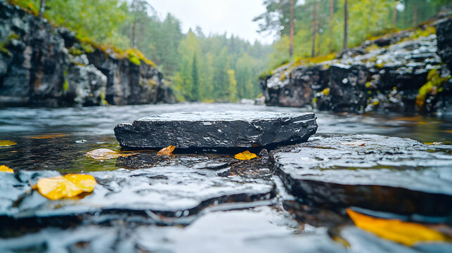 Serene river rock autumn forest landscape