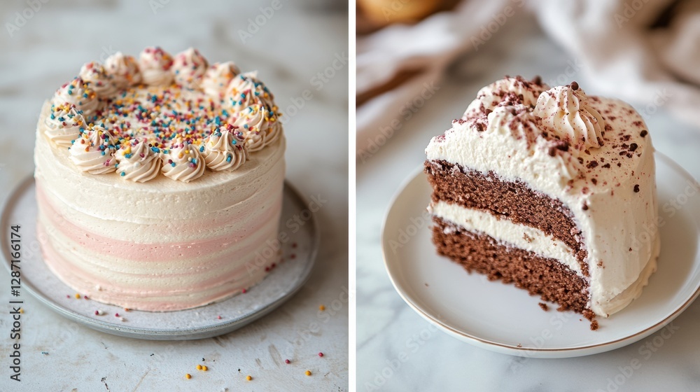 Poster Chocolate cake with cream frosting and colorful sprinkles served at a dessert table. Generative AI