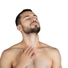 Naklejka premium Relaxed young man with closed eyes and hand on his neck isolated on transparent background, experiencing calm and tranquility