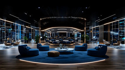 Nighttime luxury lounge, city view, relaxing seating