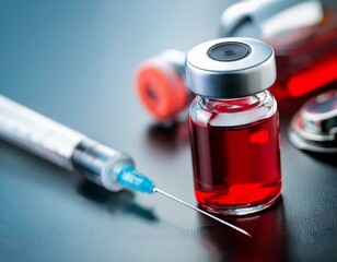 Syringe with liquid vaccine and ampoule in medical background