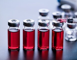 Syringe with transparent vaccine liquid in medical laboratory background