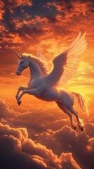 Fototapeta premium Flying pegasus unicorn at sunset sky 