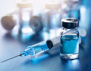 Vaccine ampoule and syringe on sterile medical background