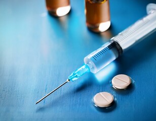 Medical research concept with vaccine vial and syringe ready for injection