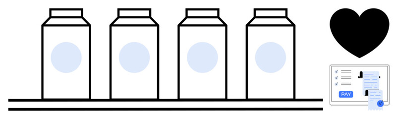 Milk cartons lined up on a shelf, a black heart symbol, and an online payment interface. Ideal for e-commerce, consumer goods, online shopping, digital transaction, food industry, digital marketing