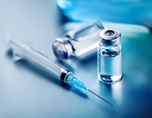 Healthcare and medicine concept with vaccine ampoule and syringe