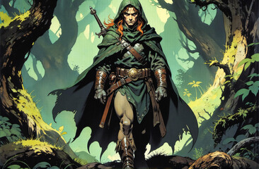 Fototapeta premium heroic fantasy portrait of a fierce elf rogue with auburn hair in magical sylvan attire wielding ornate weapons adventure character art mythical creature fantasy illustration enchanting warrior