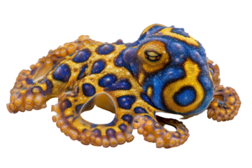 Vibrant close up of an animal with a transparent background, showcasing its distinctive blue and yellow patterns