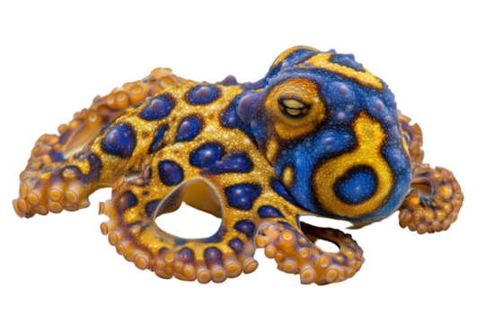 Vibrant close up of an animal with a transparent background, showcasing its distinctive blue and yellow patterns