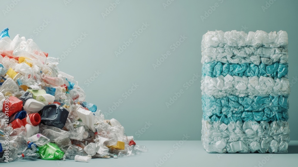 Poster comparison of plastic waste and recycled plastic products in a clean environment highlighting recycl