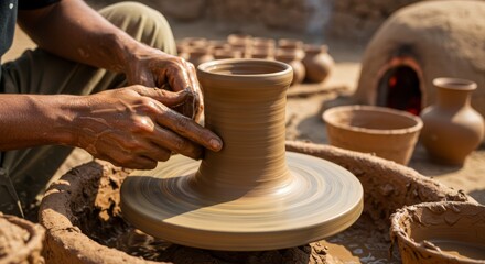 Artisan hands masterfully shaping clay vessel on a traditional kick wheel